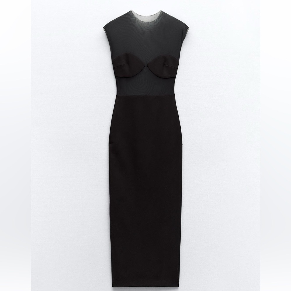 Zara Black Midi Dress with Sheer Bodice